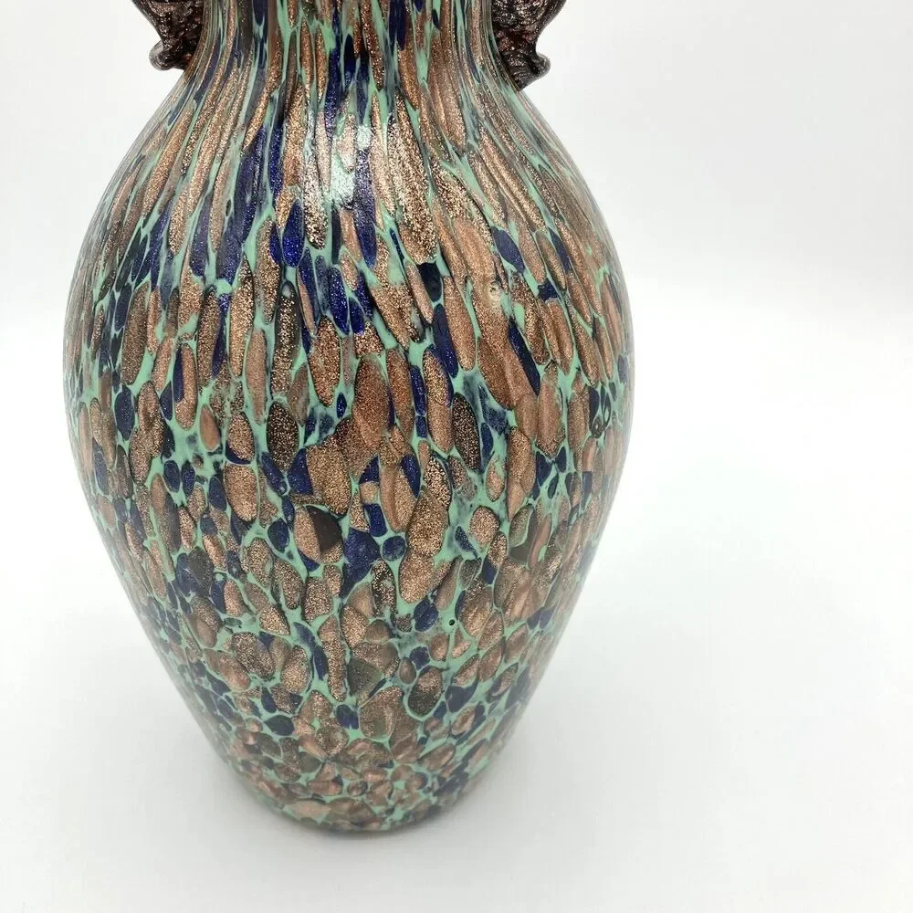 Vintage Murano Art Glass Vase Aventurine Teal Gold Fleck Mid Century Art Nouveau