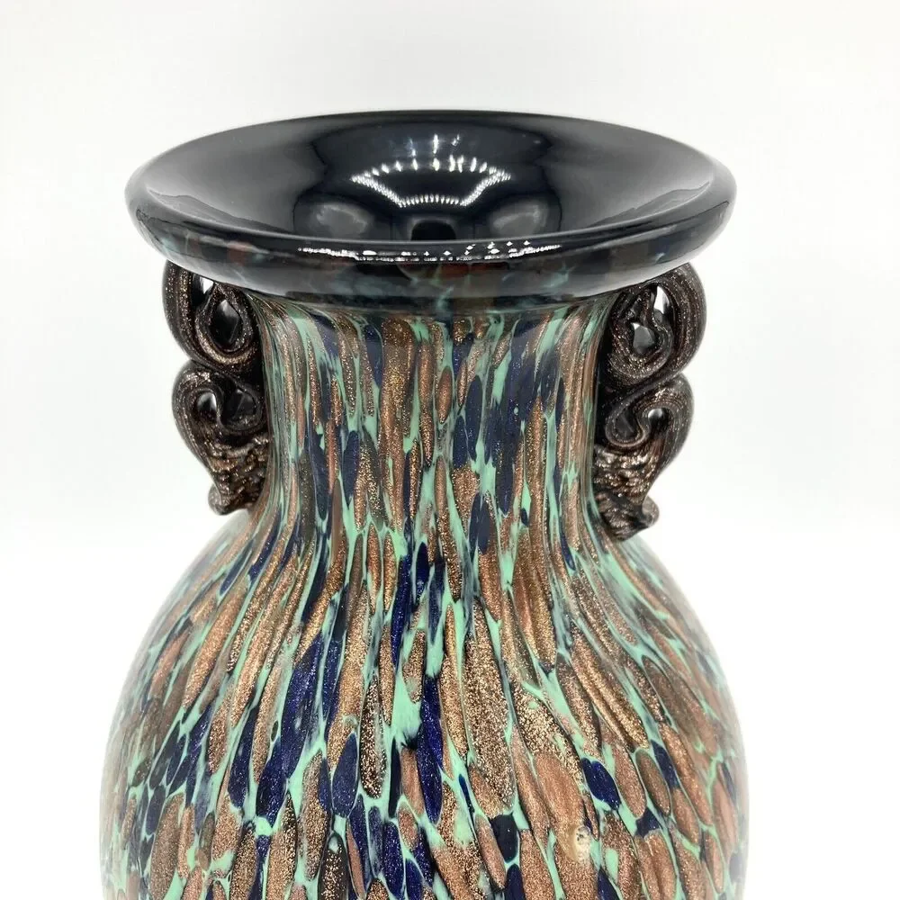 Vintage Murano Art Glass Vase Aventurine Teal Gold Fleck Mid Century Art Nouveau