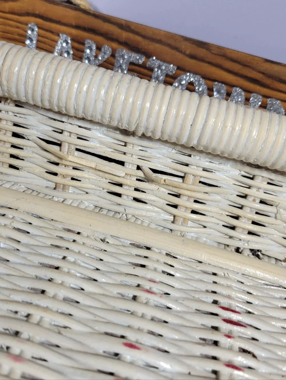 Pier 1 Cream Wicker Two-Tier Shelf with Carved Back