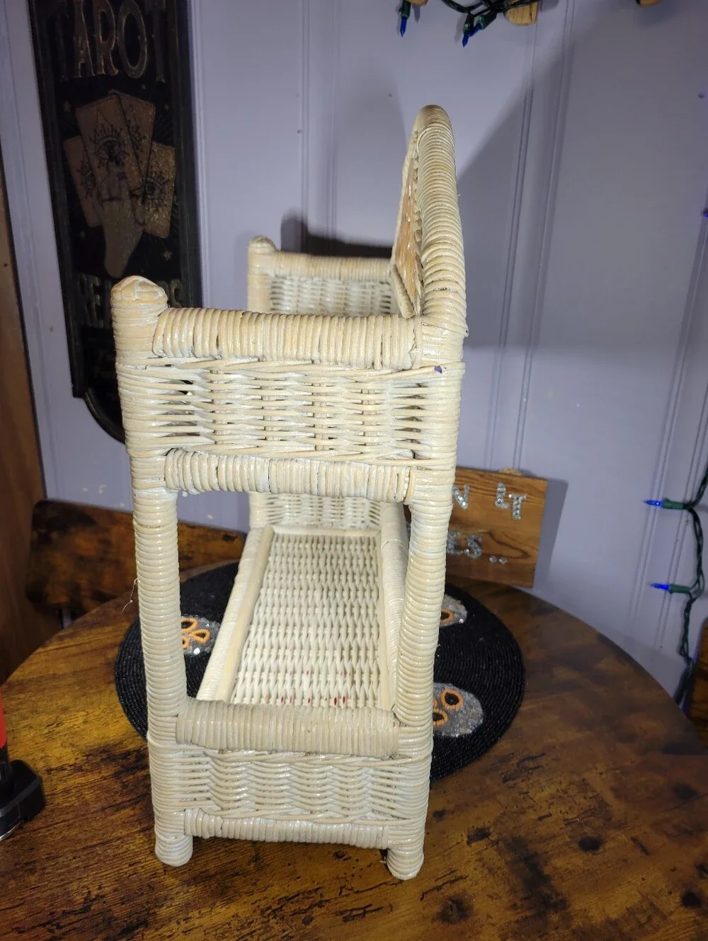 Pier 1 Cream Wicker Two-Tier Shelf with Carved Back
