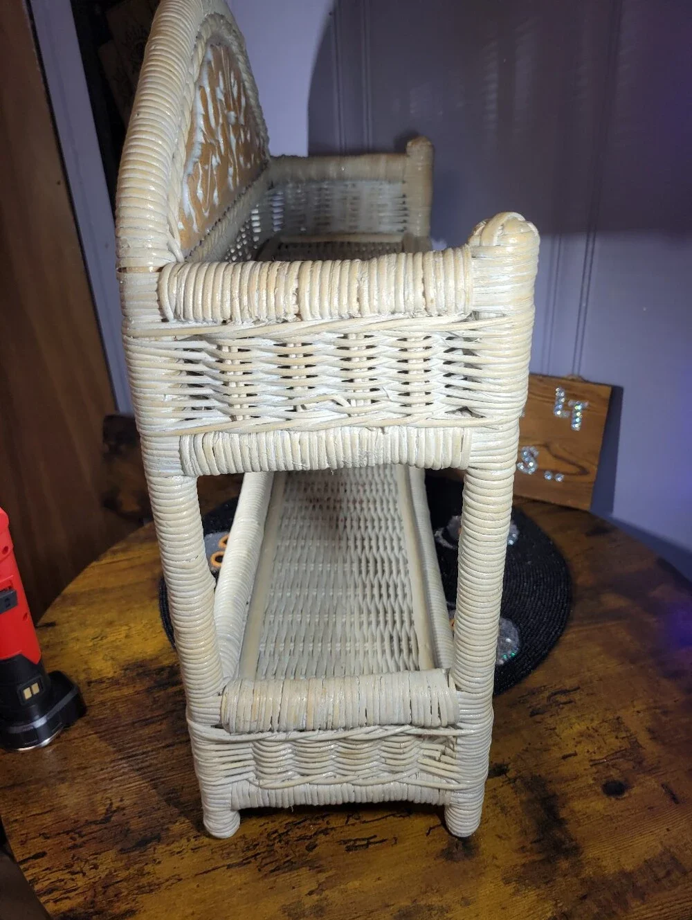 Pier 1 Cream Wicker Two-Tier Shelf with Carved Back
