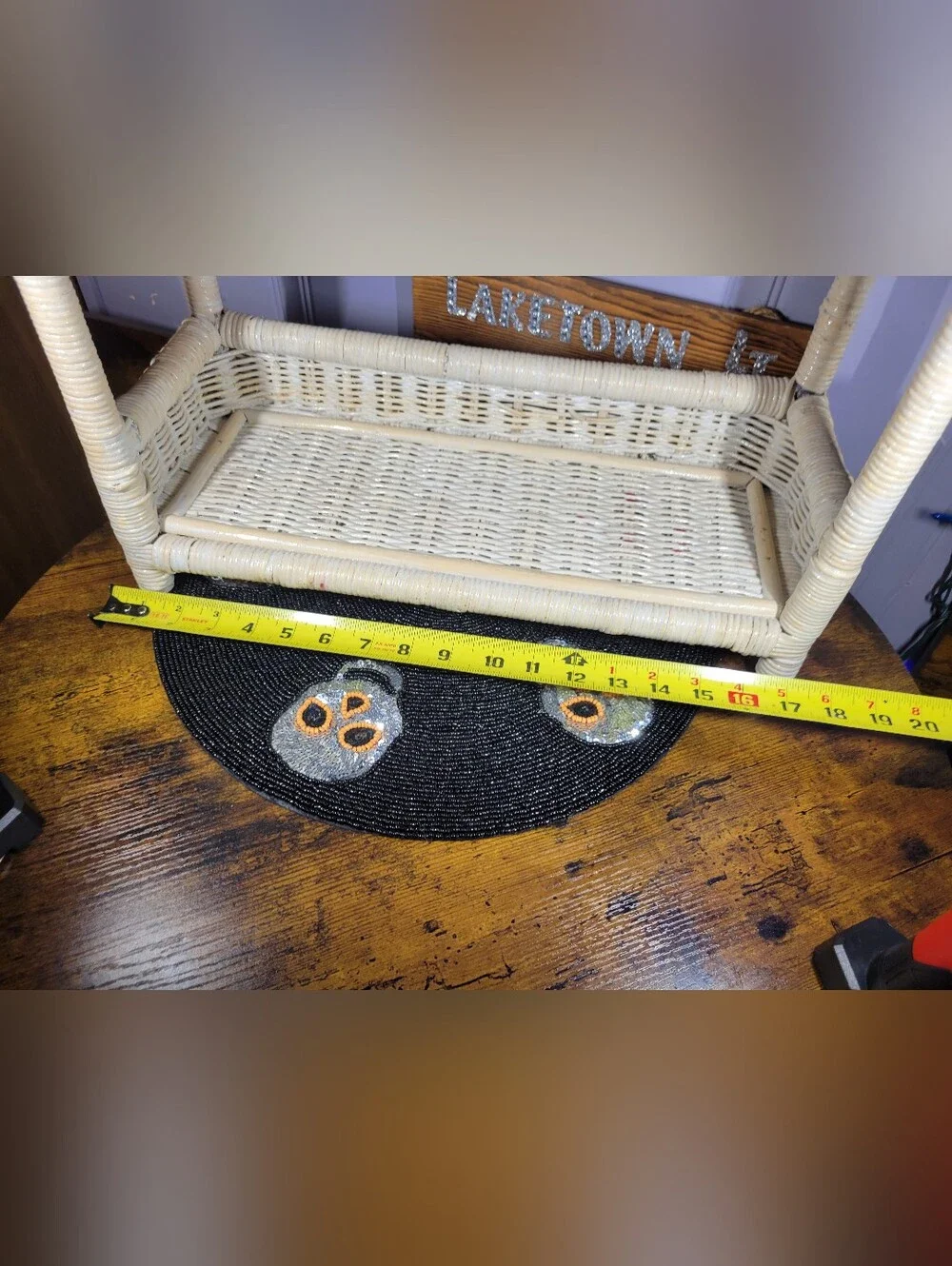 Pier 1 Cream Wicker Two-Tier Shelf with Carved Back