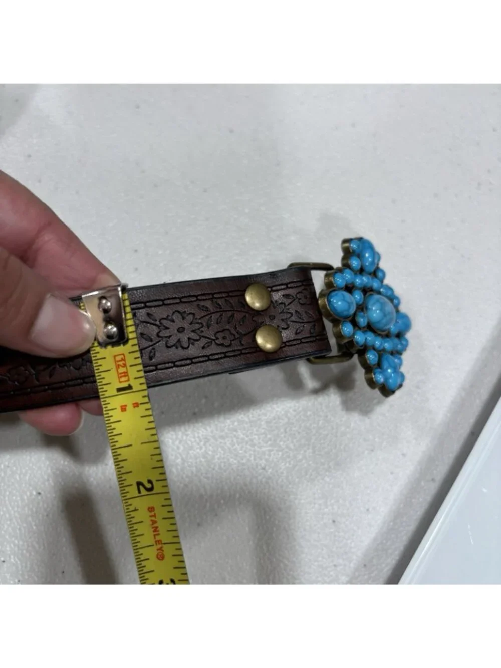 Vinatge Brown Floral Tooled Western Belt Blue Studded Buckle Size 31 Adjustable