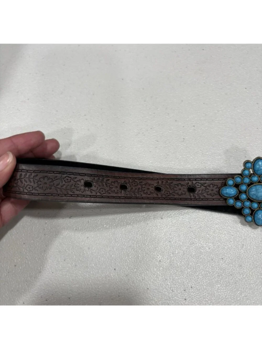 Vinatge Brown Floral Tooled Western Belt Blue Studded Buckle Size 31 Adjustable
