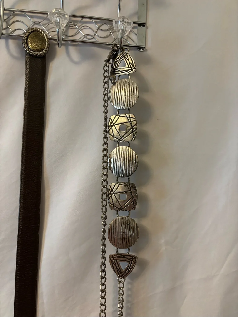 3 OS Chicos belts.Chain mixed metals,Blk. Lth w/red medallion, Br. Lth w/gold.