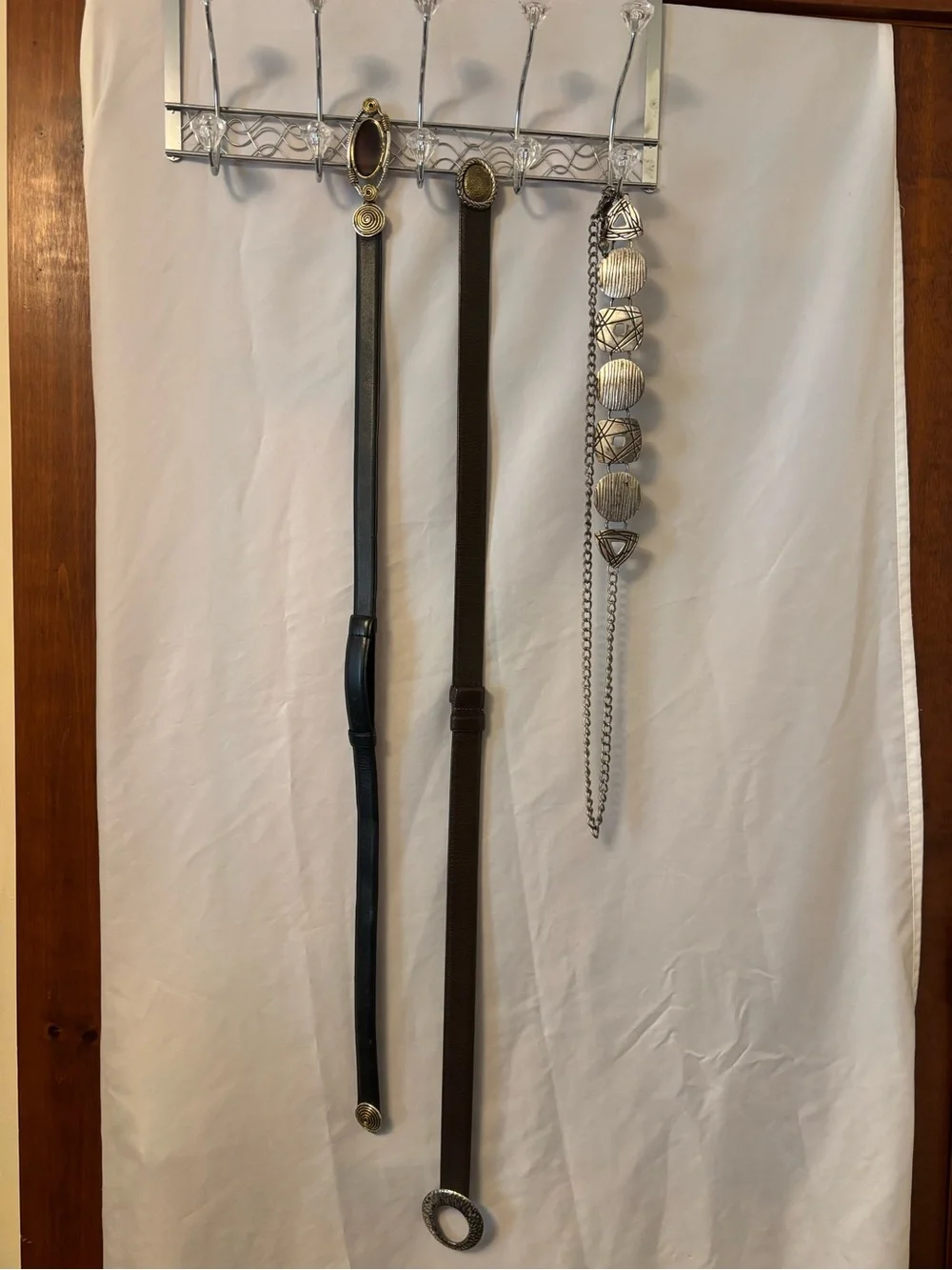 3 OS Chicos belts.Chain mixed metals,Blk. Lth w/red medallion, Br. Lth w/gold.