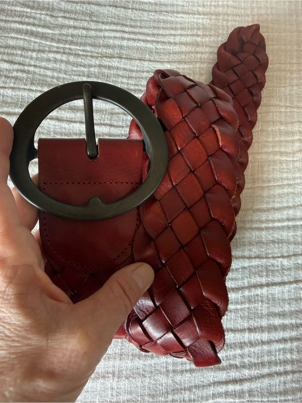 Linea Pelle Vintage Red Wine Woven Leather Wide Statement Designer Luxury Belt