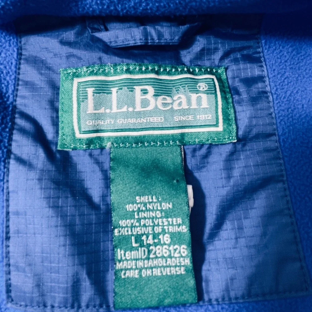 LL Bean Kids Blue TEK Hooded Fleece Lined Rain Jacket Large 14-16