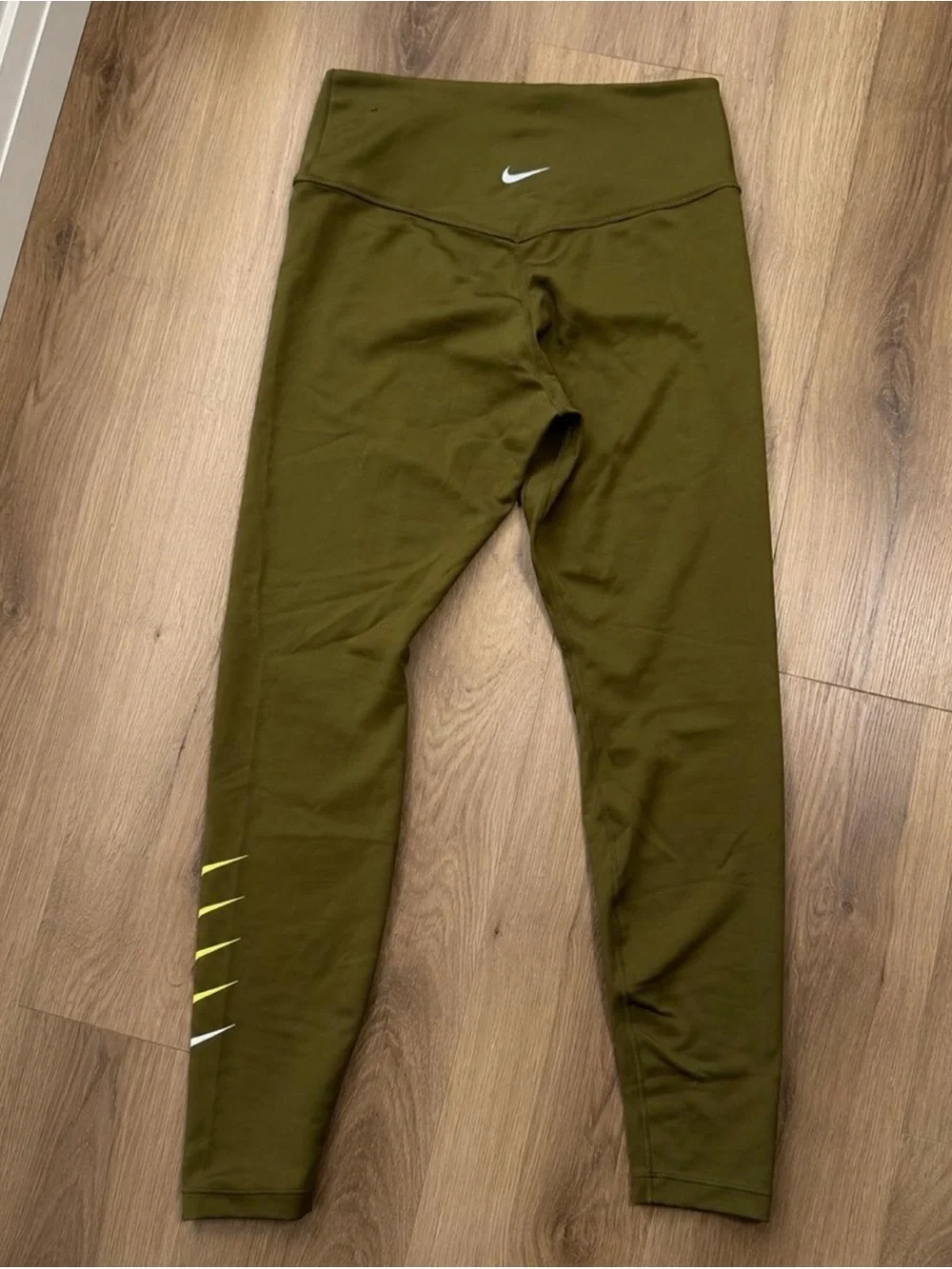 Nike Olive Green Kids Leggings with Neon Yellow Swoosh Stack
