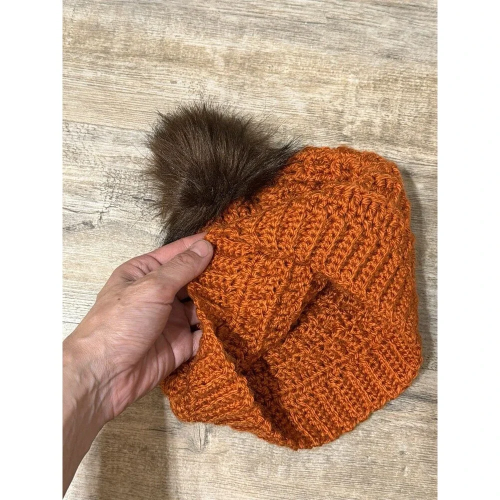 New Hand Crocheted Waffle Orange Acrylic Faux Fur Pom Pom Beanie Hat Women