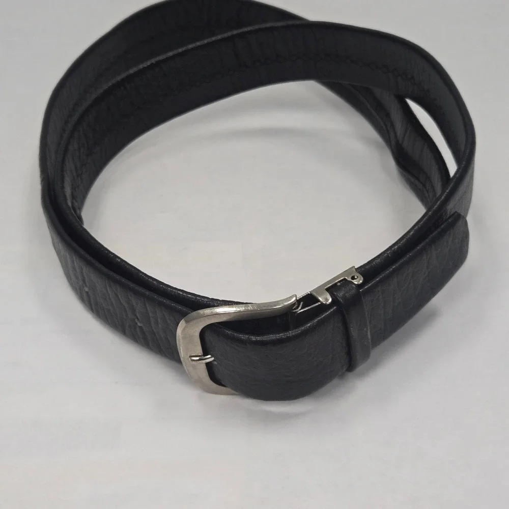 Vintage‎ Bonjour Mens Black Leather Money Belt Hidden Zipper Pocket SZ 44 Silver
