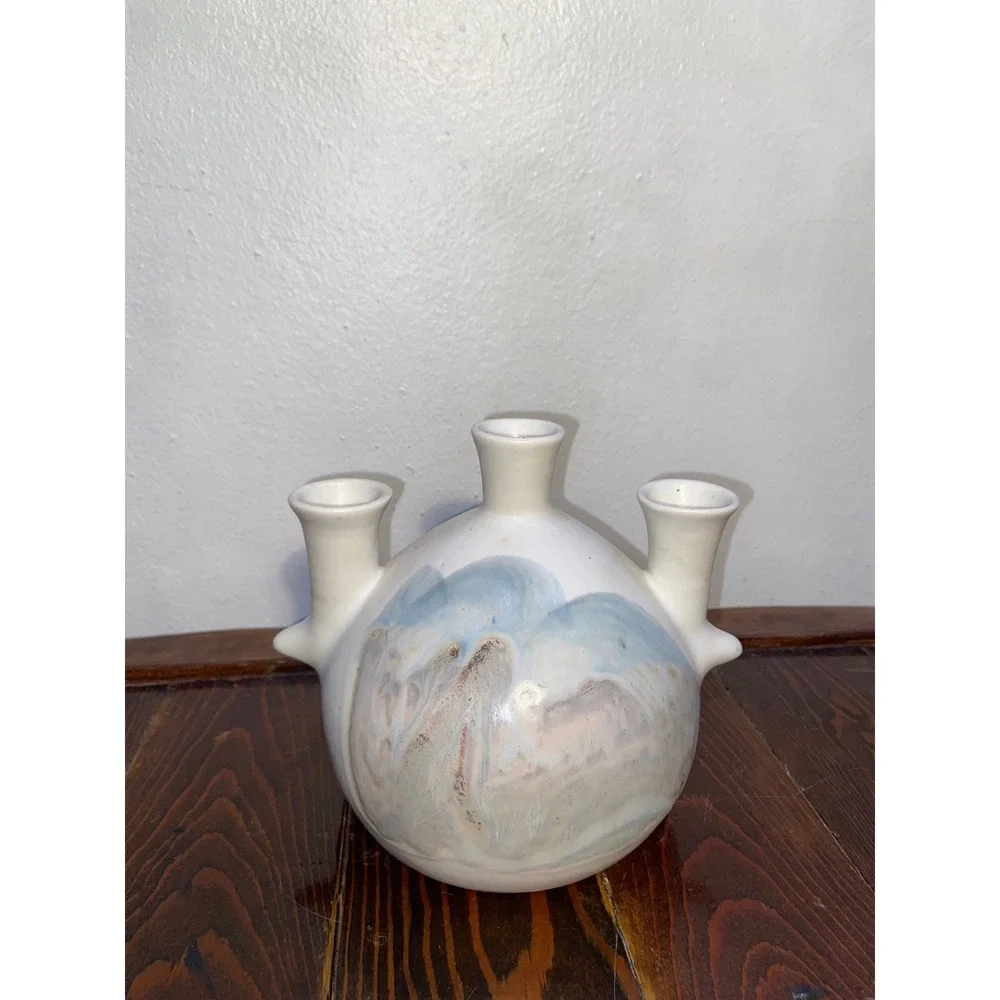 Signed Studio Pottery‎ Triple Spout Bud Vase White Blue Abstract Glaze KS Artist