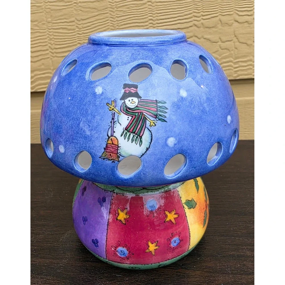Sango‎ Sweet Shoppe Christmas Sue Zipkin Snowman Ceramic Candle Warmer 2pc Set
