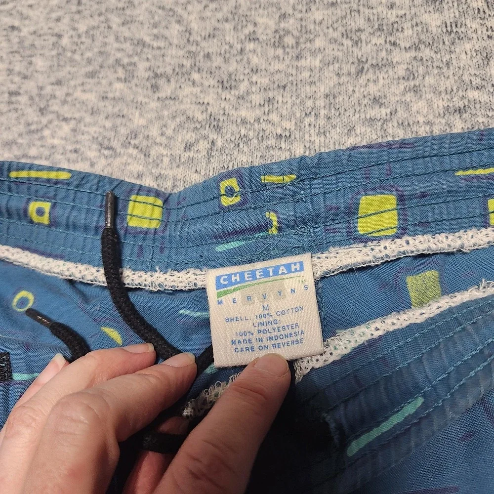Vintage Mervyns Cheetah‎ Swim Trunks Mens M Blue Geometric Print 90s Cotton