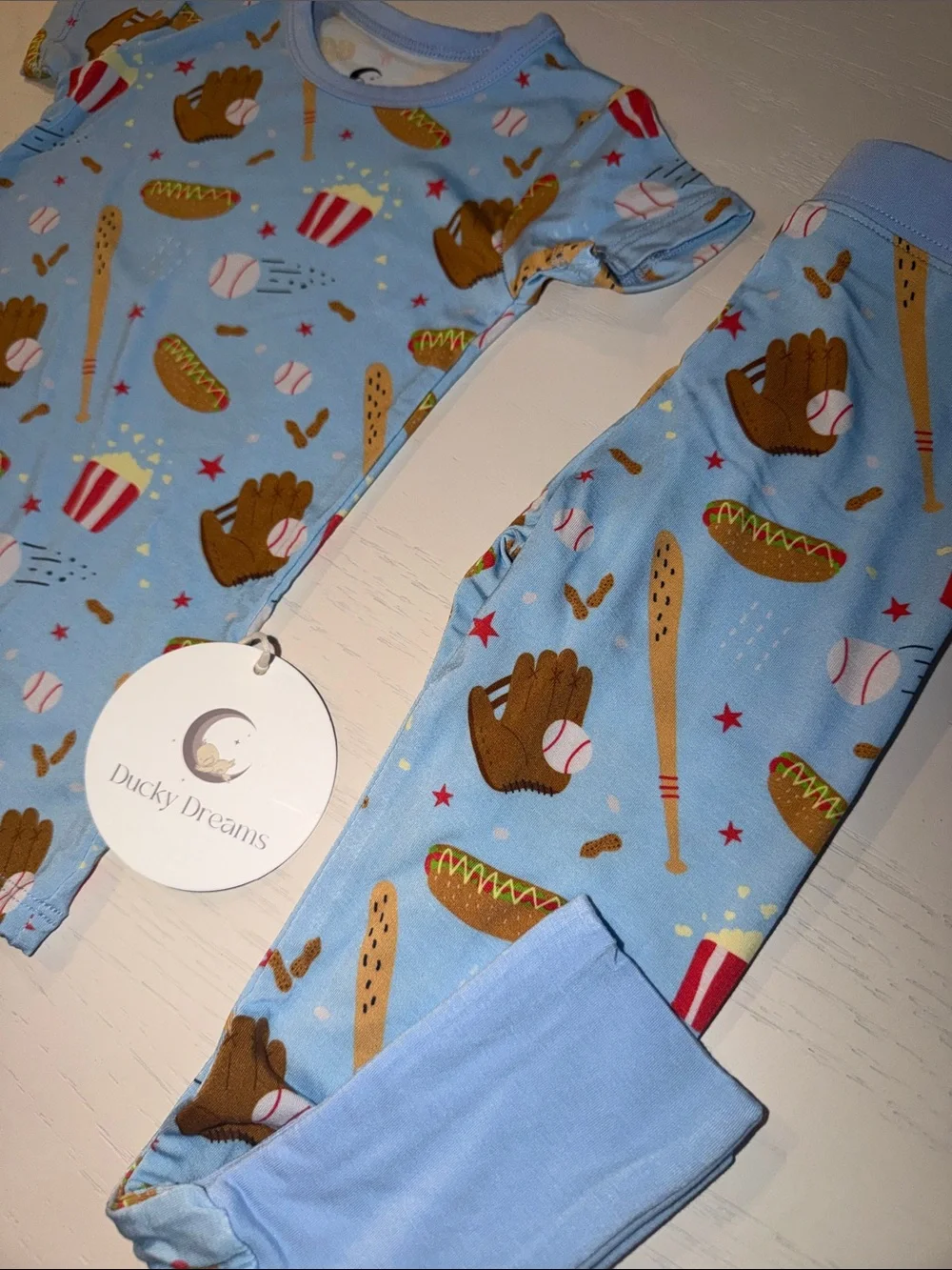 Ducky Dreams Blue Baseball & Snack Print Bamboo Pajama Set 3T 4T 5T