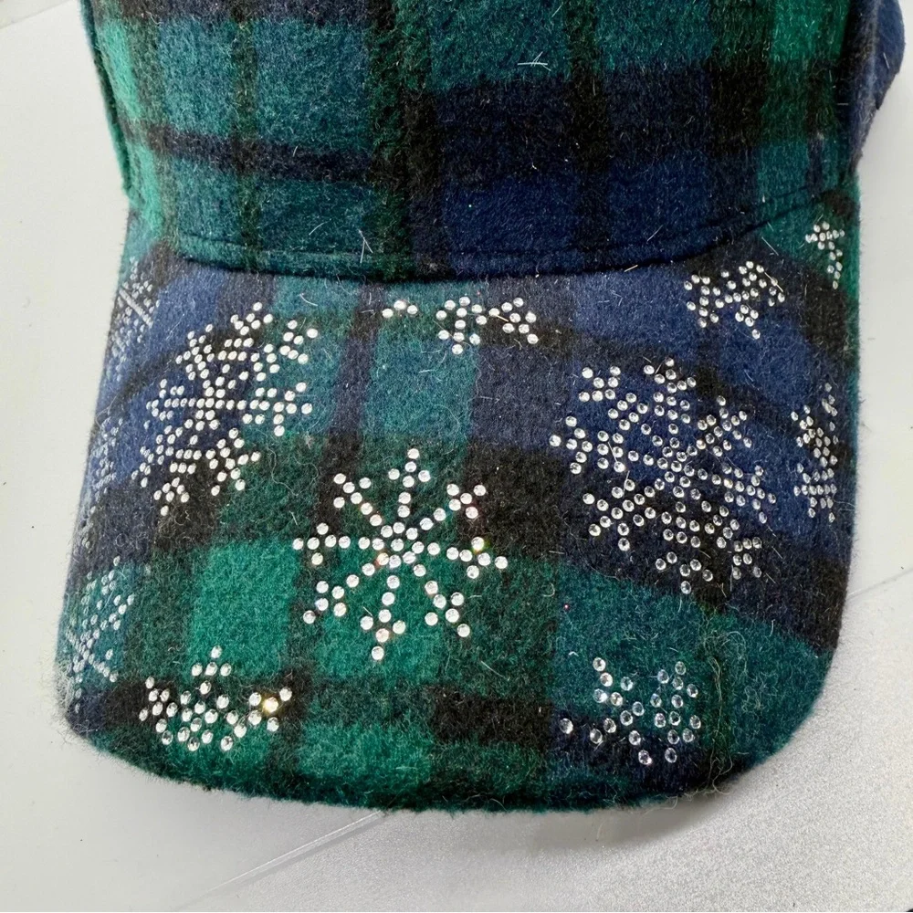 Plaid Green and‎ Blue Women's Hat with Snowflake Design