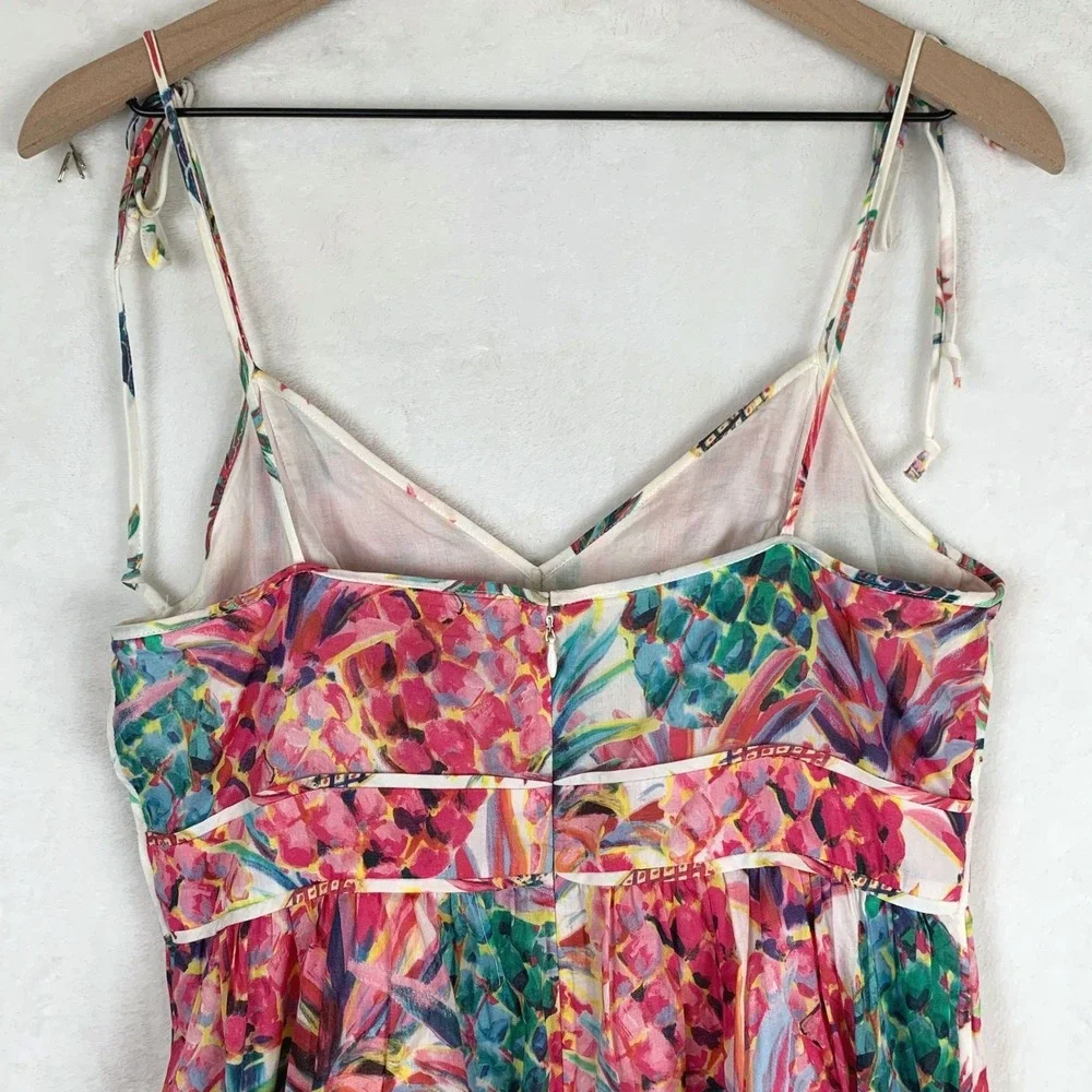 J.CREW Pineapple Print Tie Shoulder Cotton Midi Dress Sz 8 Pink Pockets