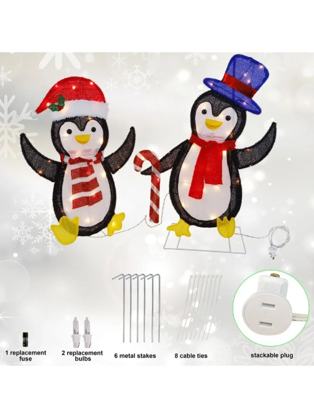 Set of 2 Lighted Tinsel Penguins - Pre-Lit 2D Holiday Decor for Indoor/Outdoor