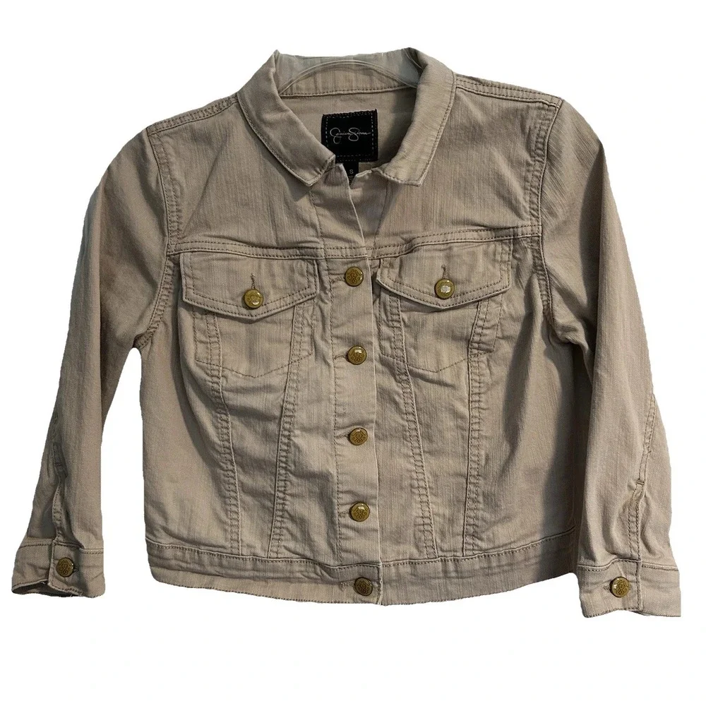 Jessica Simpson Denim Jacket Girls Size Small Tan Khaki Button‎ Front Trucker