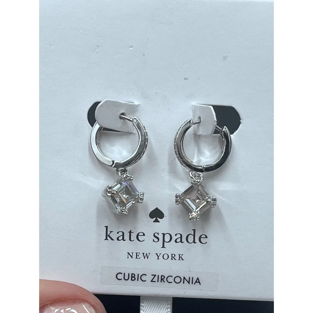 Kate Spade New York Dazzle Drop Silver Tone CZ Square Dangle Hoop Earrings