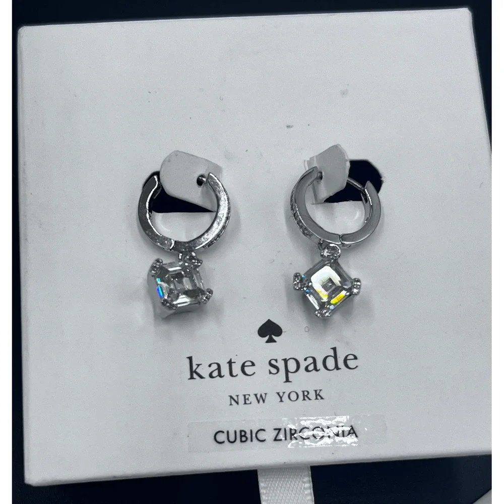Kate Spade New York Dazzle Drop Silver Tone CZ Square Dangle Hoop Earrings