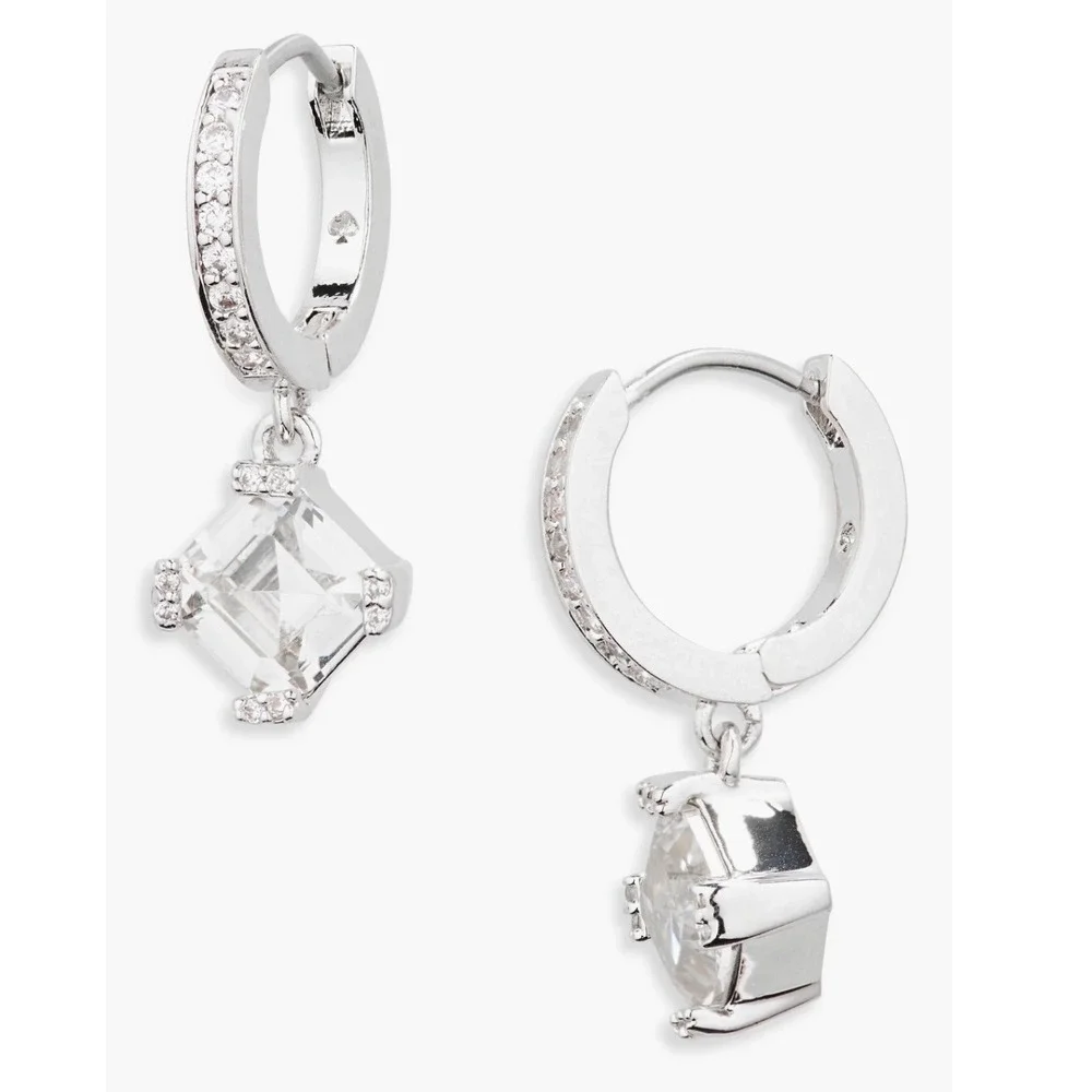 Kate Spade New York Dazzle Drop Silver Tone CZ Square Dangle Hoop Earrings