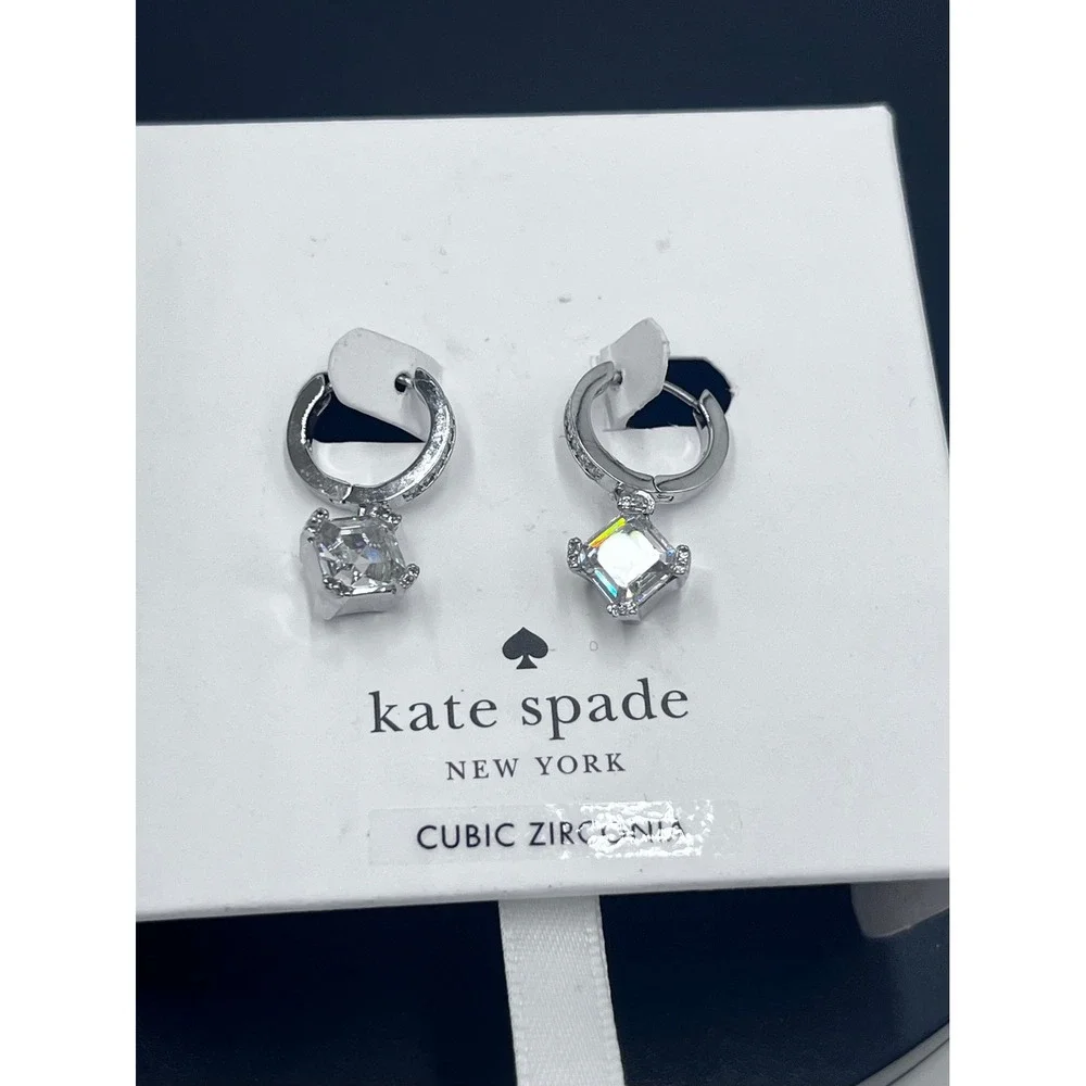 Kate Spade New York Dazzle Drop Silver Tone CZ Square Dangle Hoop Earrings