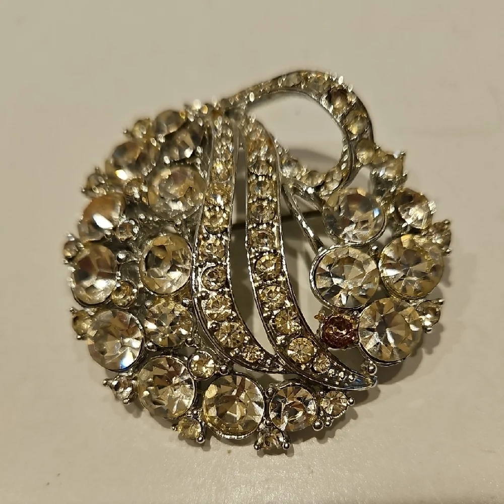 Clear & 1 Purple Rhinestone Silvertone Brooch