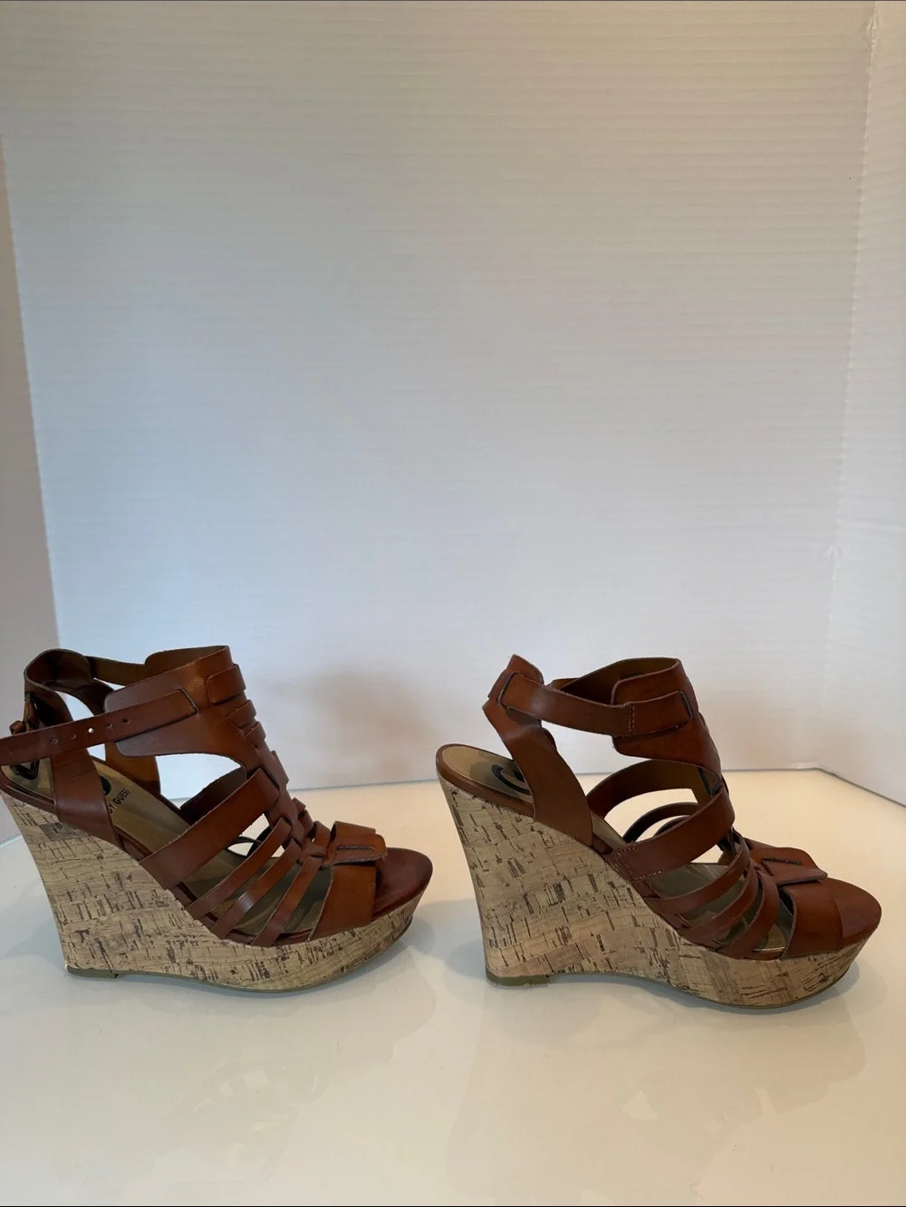 G by Guess Brown Strappy Cork Wedge Sandals with Ankle Buckle