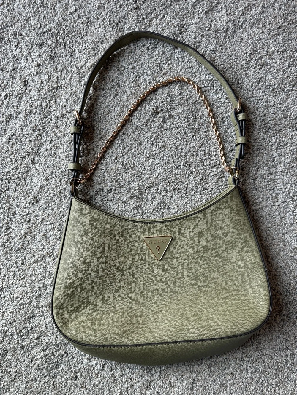 Guess Olive Green Shoulder Bag with Gold Chain Detail