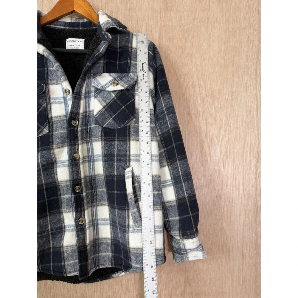 Distortion Boys Blue Plaid Sherpa Lined Button Down Shirt Large 14-16 RN 65933