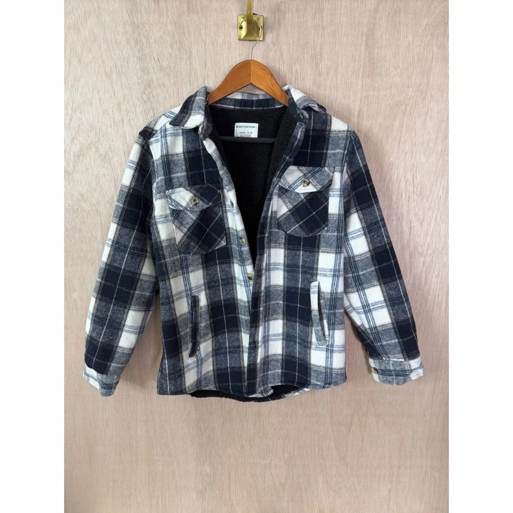 Distortion Boys Blue Plaid Sherpa Lined Button Down Shirt Large 14-16 RN 65933