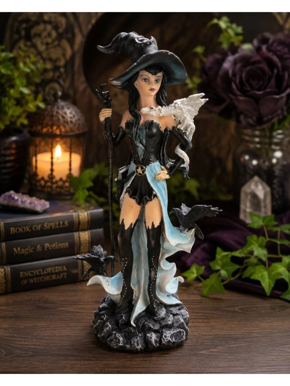 Gothic Fantasy Sorceress Statue Witch Resin Figurine with White Dragon & Ravens