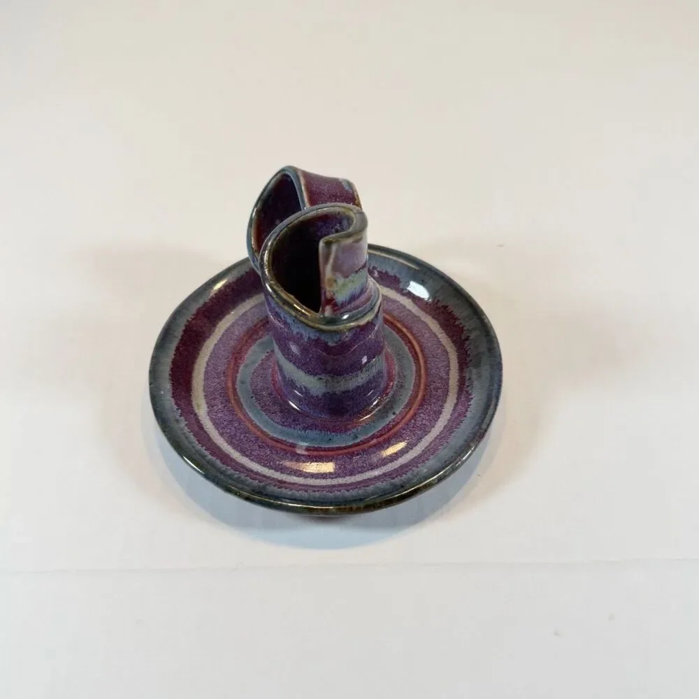 Vintage Bay Pottery Ceramic Chamberstick Candle Holder Purple Blue Drip Glaze