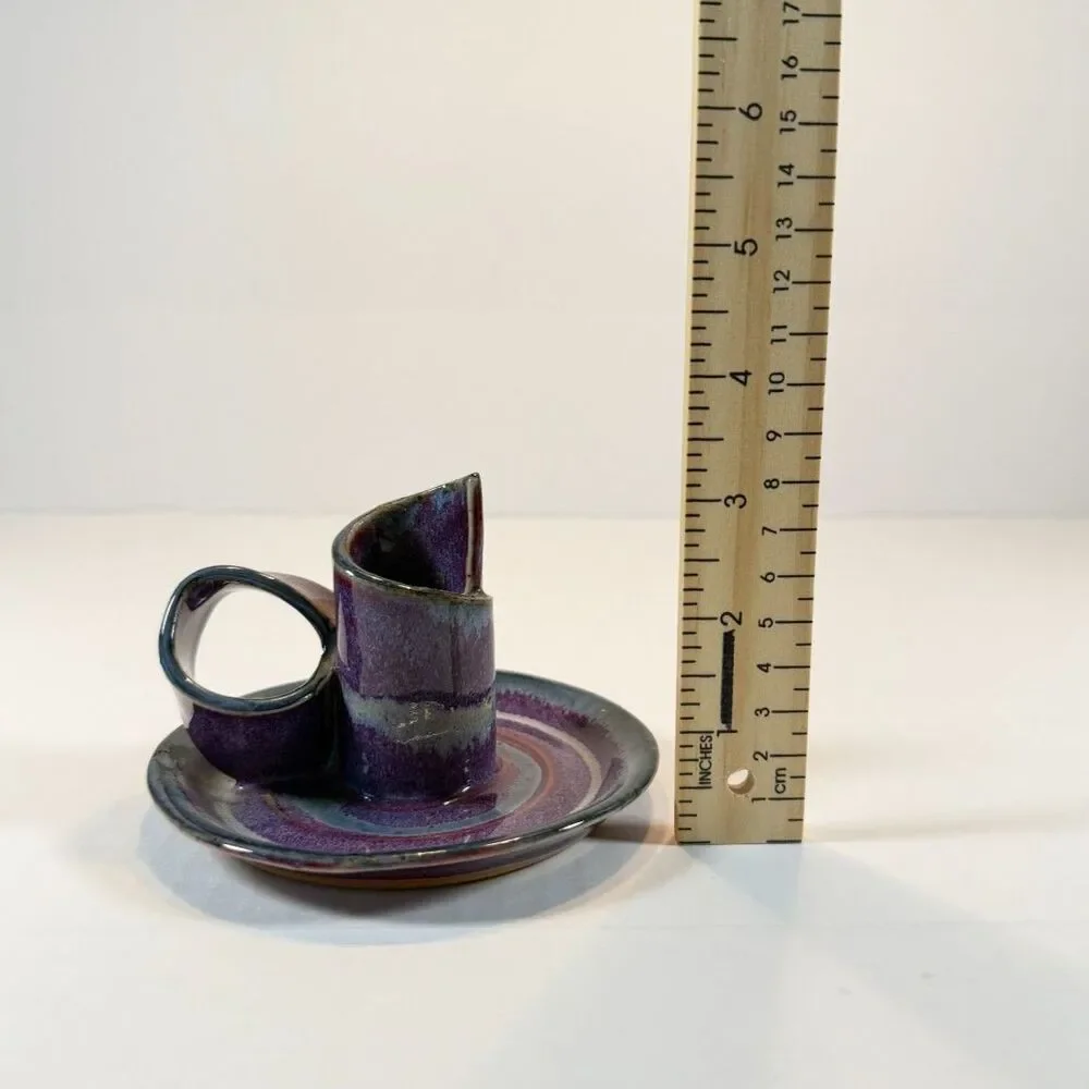 Vintage Bay Pottery Ceramic Chamberstick Candle Holder Purple Blue Drip Glaze