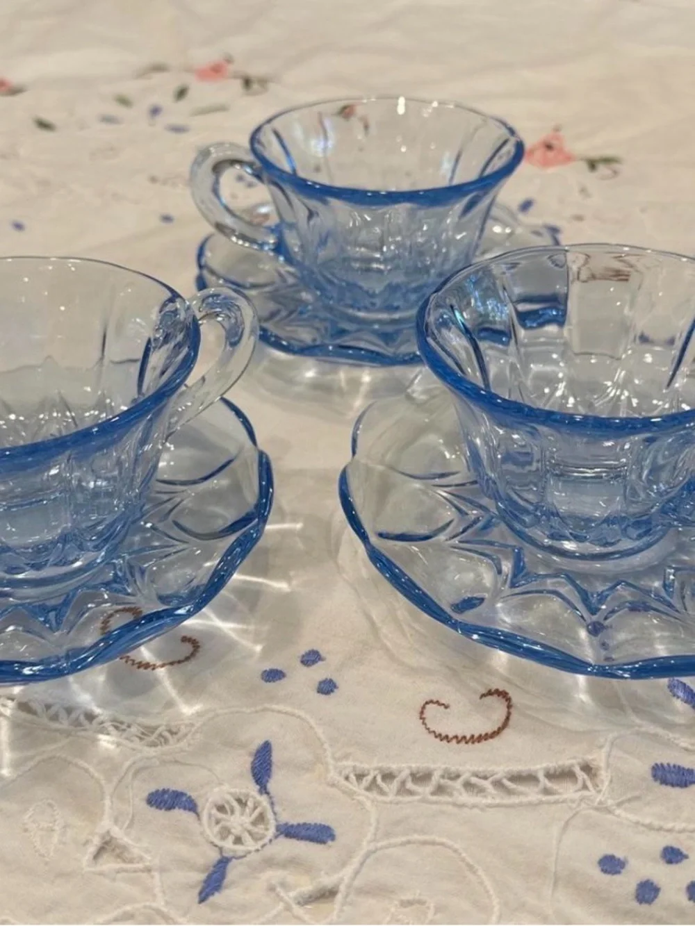 Blue Depression Glass Dessert Plate and Cup Set - Elegant Pressed Glass