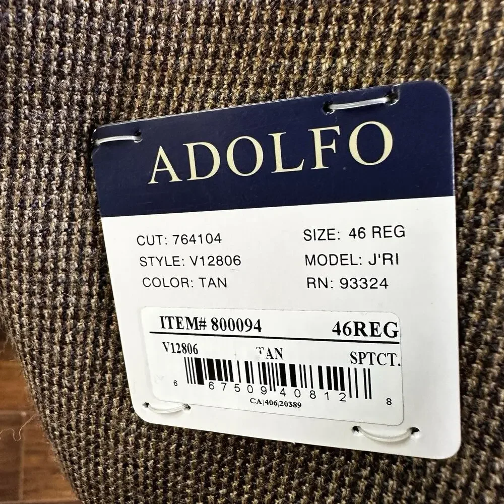 Adolfo Sportcoat Blazer Men 46R New w Tags Lambswool Brown Beige Woven