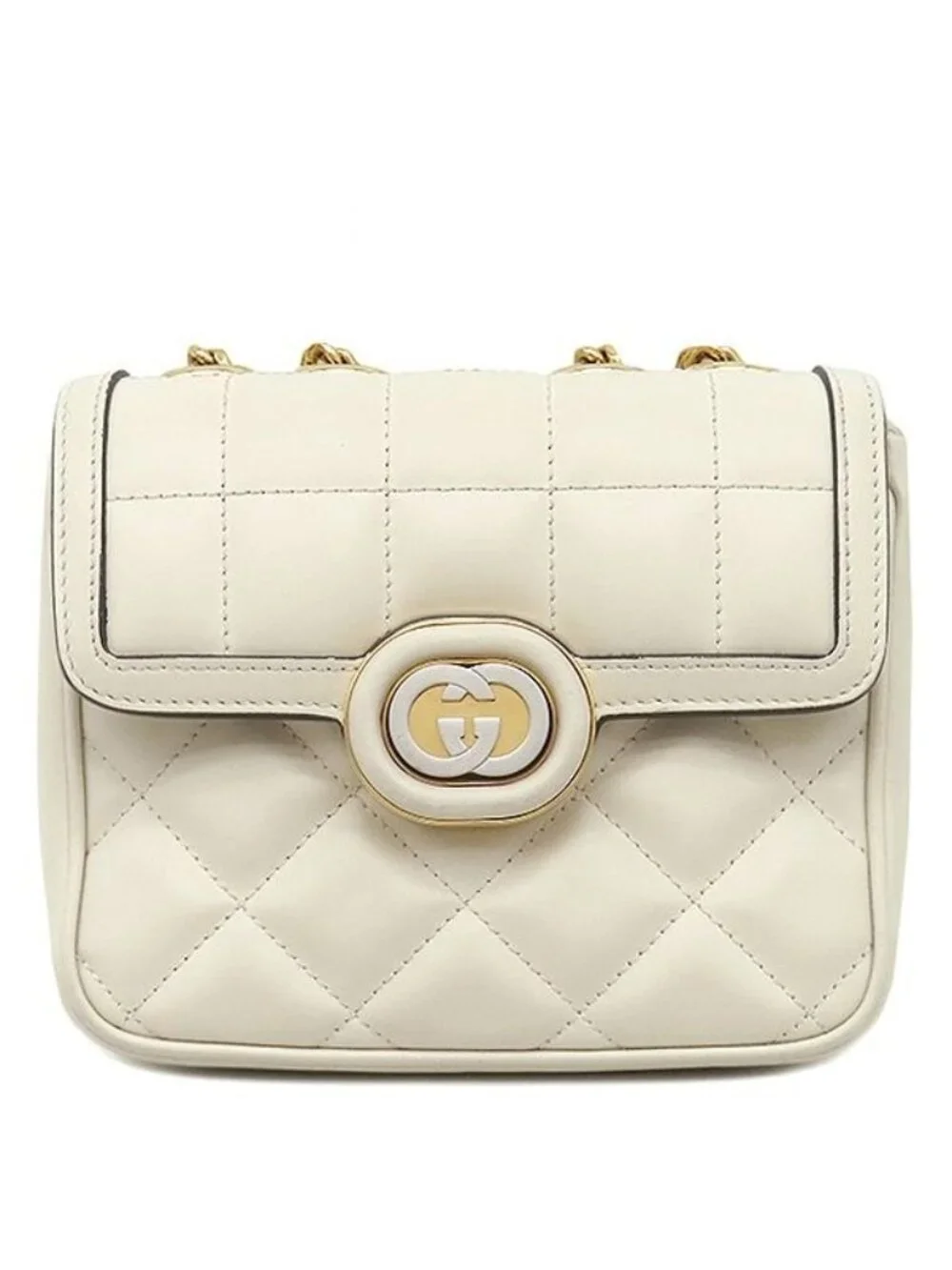 Gucci 2-Way Bag Deco Leather Chain Shoulder Ivory Gold White Silver