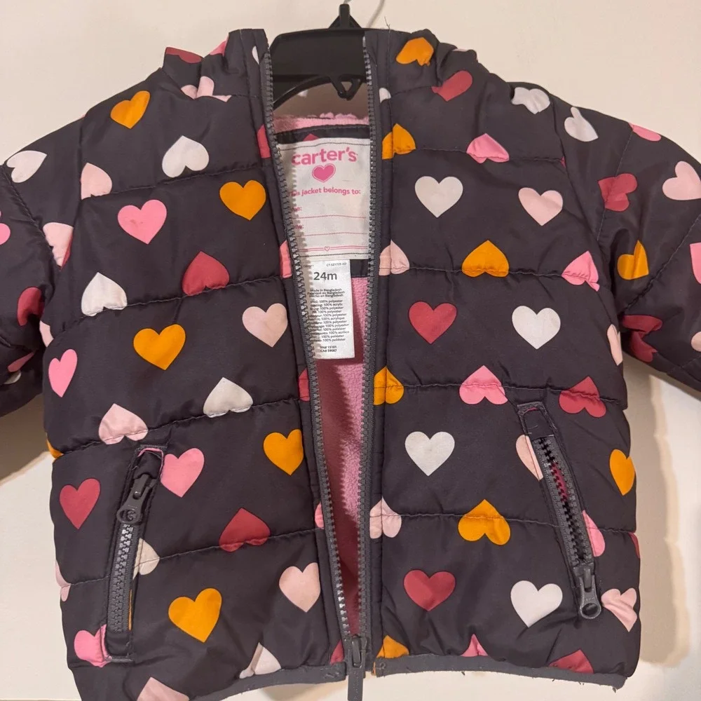 Carter's 24m Girls Puffer Jacket Pink Yellow White Hearts Hooded Zip Gray