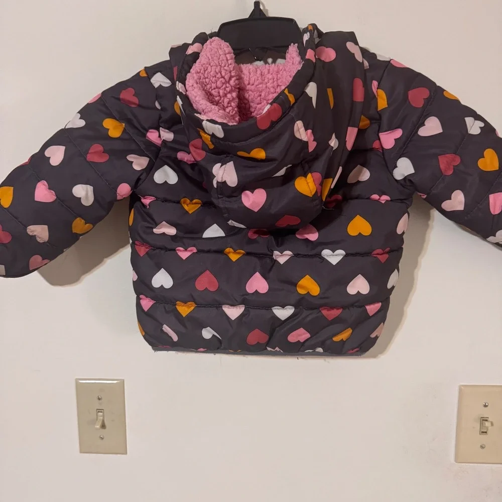 Carter's 24m Girls Puffer Jacket Pink Yellow White Hearts Hooded Zip Gray