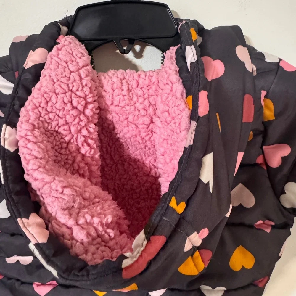 Carter's 24m Girls Puffer Jacket Pink Yellow White Hearts Hooded Zip Gray