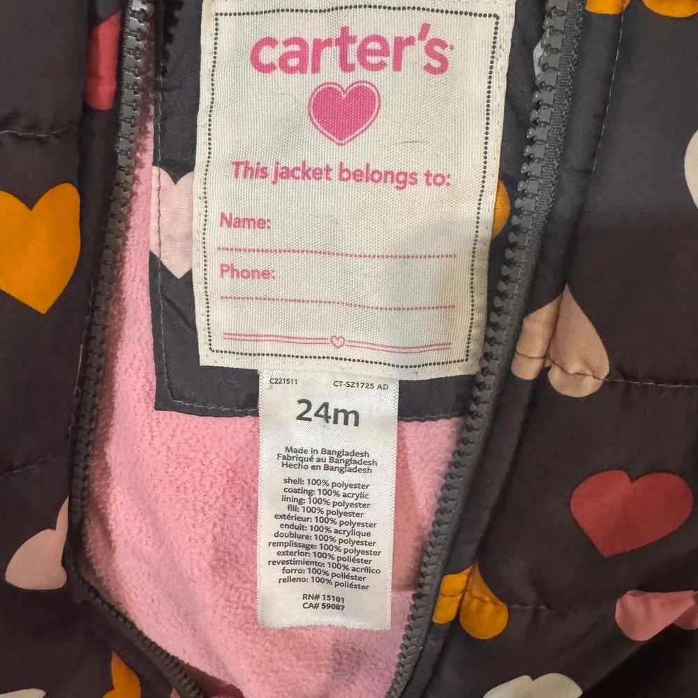 Carter's 24m Girls Puffer Jacket Pink Yellow White Hearts Hooded Zip Gray