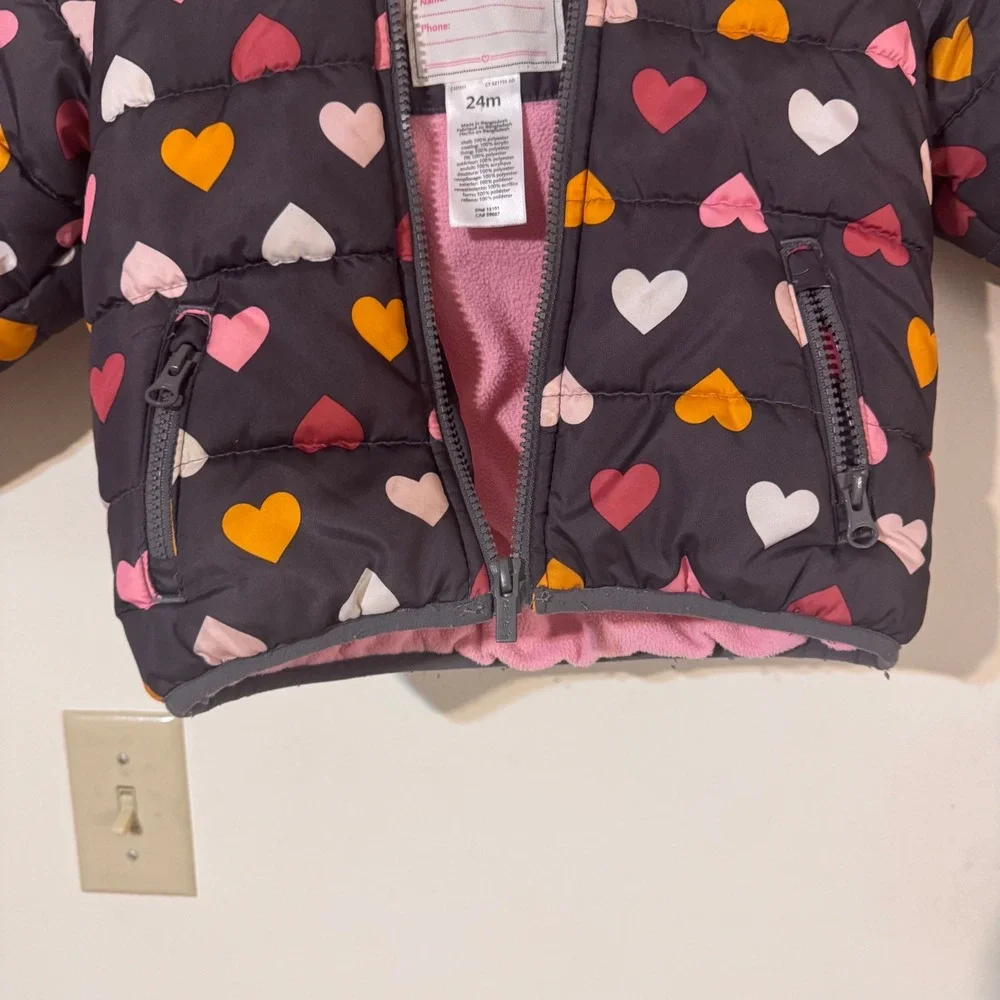 Carter's 24m Girls Puffer Jacket Pink Yellow White Hearts Hooded Zip Gray