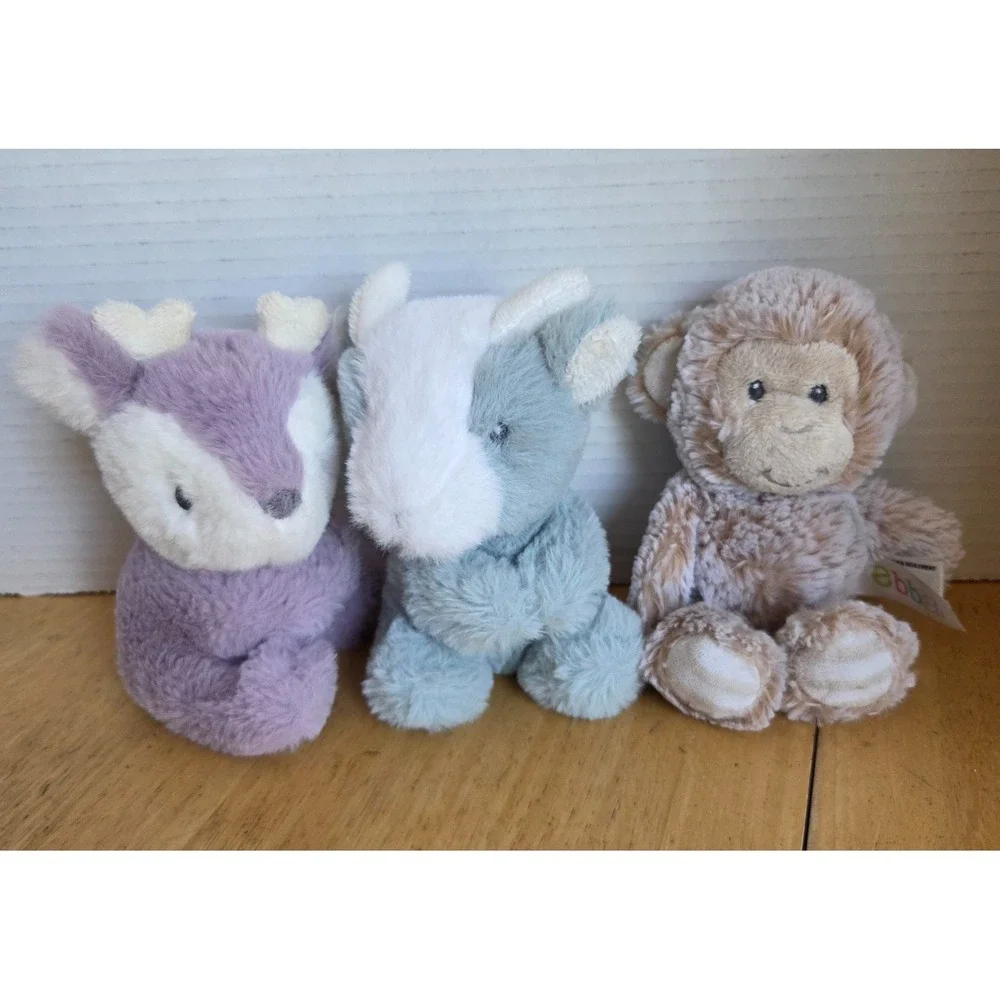 Lot of 3 Eco Ebba Aurora Plush Rattles 6 inch Willow Fawn Coby Cow Milo Monkey