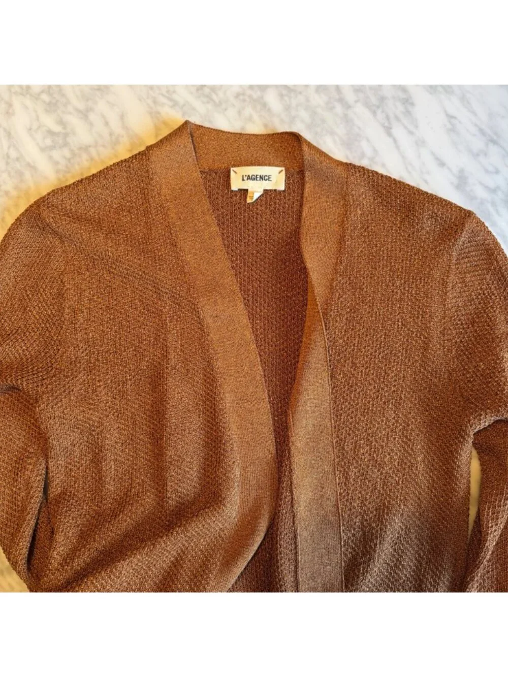 L'Agence Metallic Open Front Long Cardigan Sweater Rust Brown Size Small
