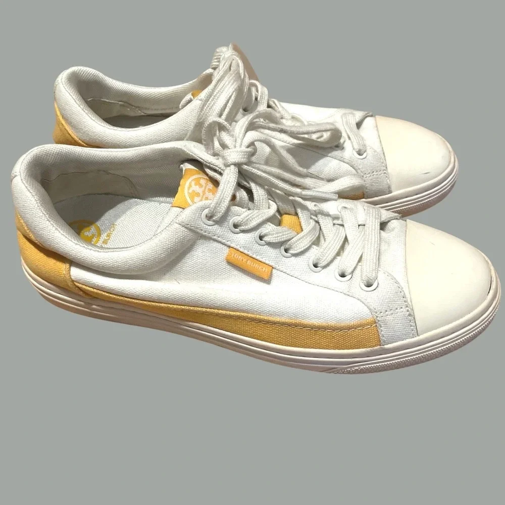 Tory Burch Classic‎ Court Canvas Sneaker 9.5 womens Ivory White Canvas Yellow