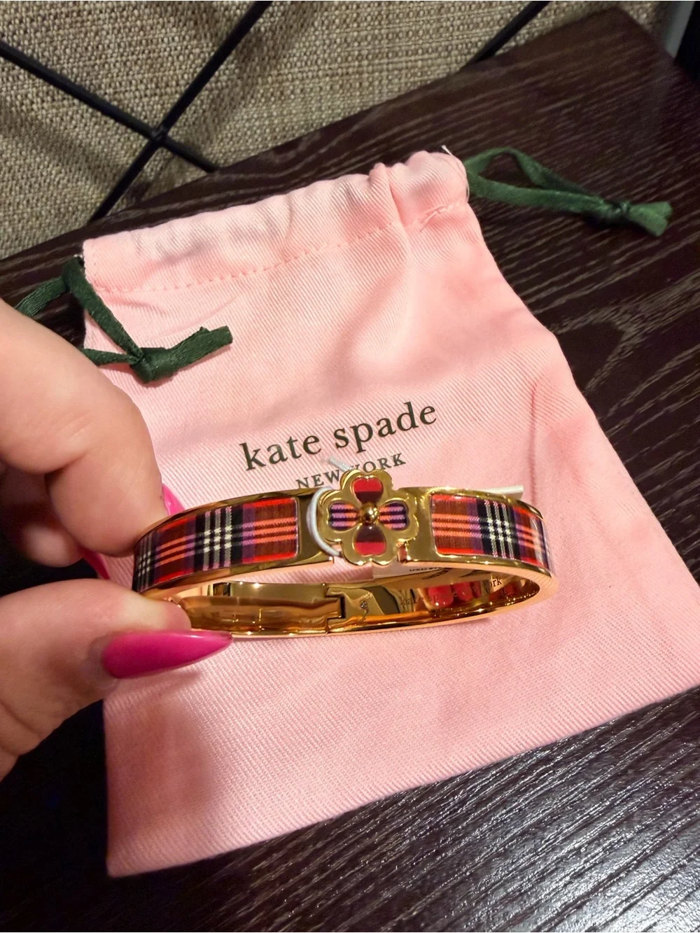 kate spade Gold-Tone Pink Plaid Heritage Flower Hinged Bangle & Earring Set