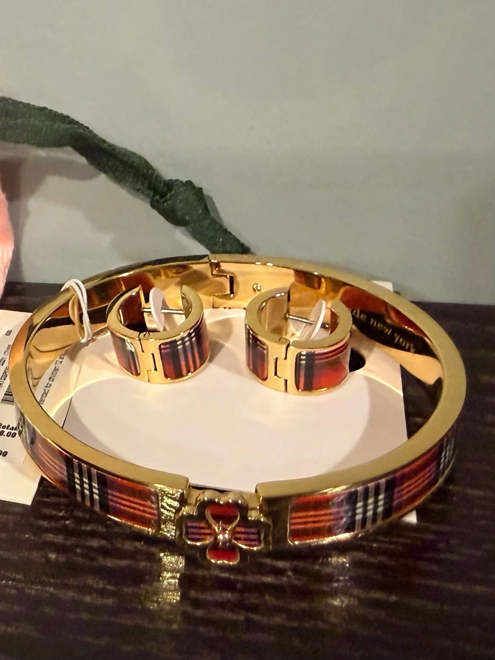 kate spade Gold-Tone Pink Plaid Heritage Flower Hinged Bangle & Earring Set