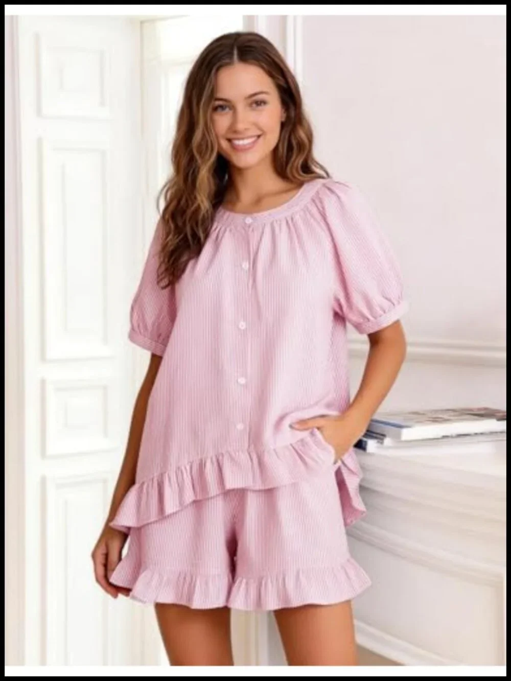 Cotton Striped Ruffle Pajama Set Button Down Babydoll Top Shorts
